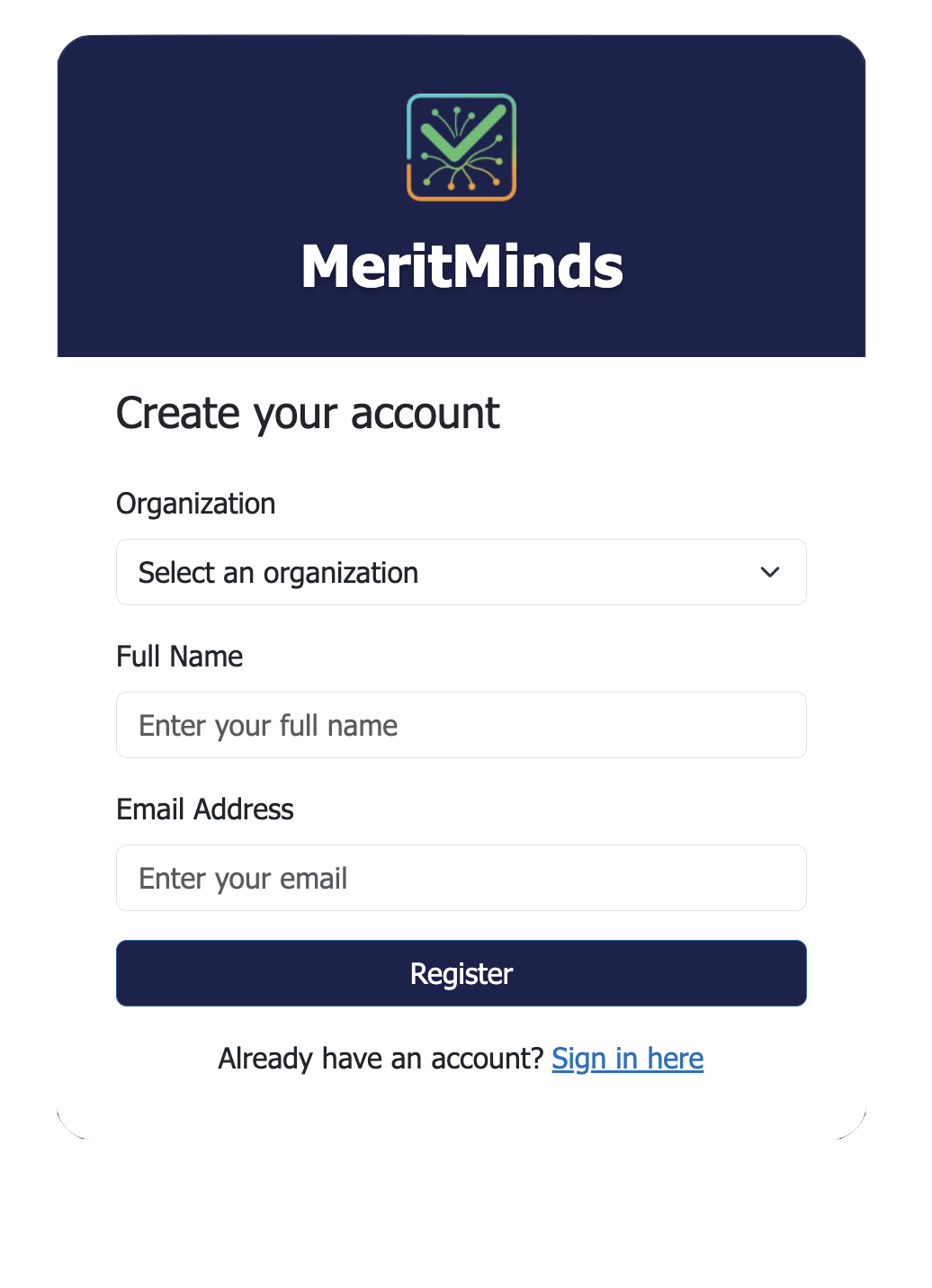 MeritMinds Registration Screen
